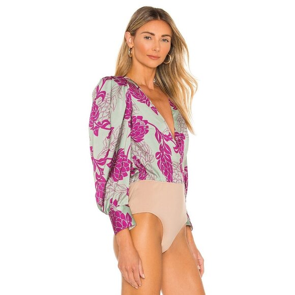 PatBO Celia Print Plunge Bodysuit Aqua Floral Long Sleeve - Picture 3 of 5